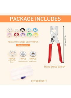CELLEBII CELLEBII 100 Sets Metal Snaps Buttons with Fastener Pliers Press Tool Kit 10 Colors Hollow and Solid Metal Prong Buttons with Plastic Storage Case and Snap Plier for DIY Clothing Crafting Sewing  - Image 3