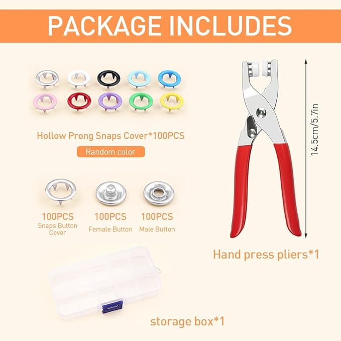 CELLEBII 100 Sets Metal Snaps Buttons with Fastener Pliers Press Tool Kit 10 Colors Hollow and Solid Metal Prong Buttons with Plastic Storage Case and Snap Plier for DIY Clothing Crafting Sewing