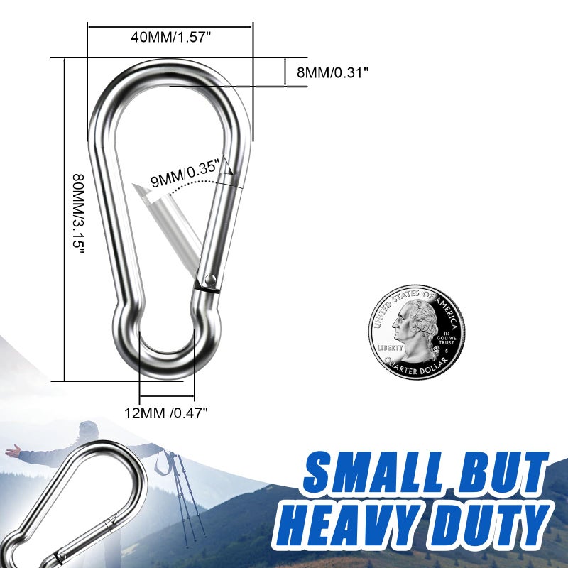 KINLINK Carabiner Clip Hooks, 10pcs 3.15 inch Carabiners Heavy Duty, 304 Stainless Steel Spring Snap Hook Fits Camping Hiking, Metal Clips for Rope Chain Keys Rings - Image 3
