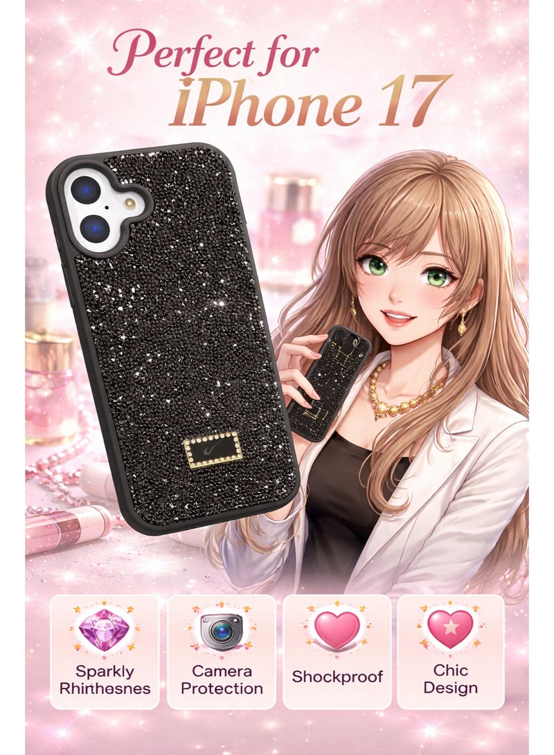 VR CREATIVE Luxury Glitter Diamond Phone Case for Apple iPhone 17 Sparkling Rhinestone Bling Protective Cover - Black - Image 3