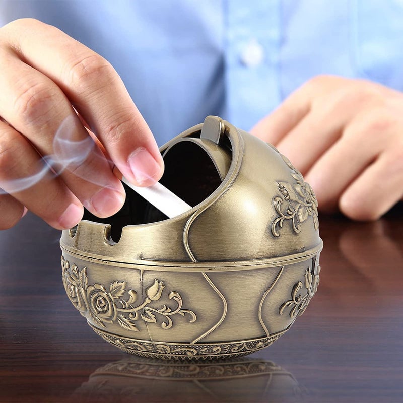 CBEX Vintage Windproof Ashtray with Lid Portable Cigarette Odor Ashtray Holder for Outdoor Indoor Smokers Metal Desktop Smoking Tobacco Ash Tray for Home Office Decoration (60) - Image 4