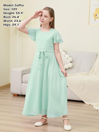 GORLYA Girls Scoop Neck Ruffle Sleeve Vintage Elegant Flowy Wedding Party Long Maxi Chiffon Dress 10-16Y(GOR1184,12Y,LightGreen) - Image 4