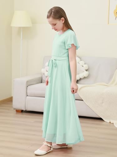 GORLYA Girls Scoop Neck Ruffle Sleeve Vintage Elegant Flowy Wedding Party Long Maxi Chiffon Dress 10-16Y(GOR1184,12Y,LightGreen) - Image 5