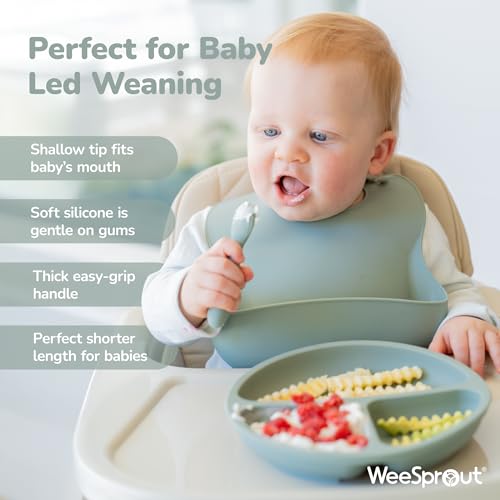 WeeSprout Baby Spoons for Self Feeding 6 Months +, Soft & Durable Silicone Utensils for Sensitive Gums & Teeth, Easy Grip Handles & Shorter Length for Little Hands, 3 Pack + Carrying Case - Image 3