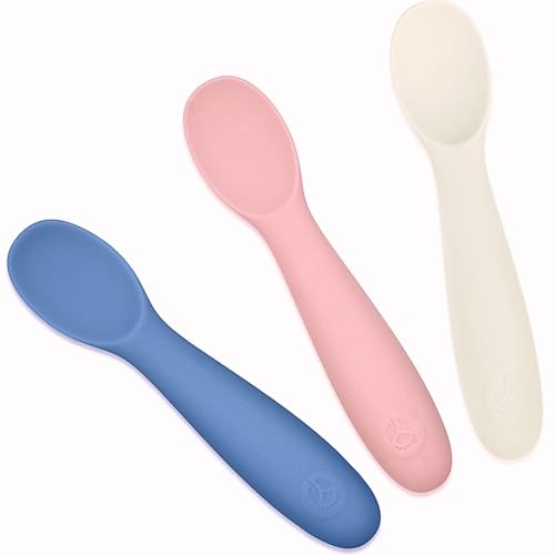WeeSprout Baby Spoons for Self Feeding 6 Months +, Soft & Durable Silicone Utensils for Sensitive Gums & Teeth, Easy Grip Handles & Shorter Length for Little Hands, 3 Pack + Carrying Case - Image 1