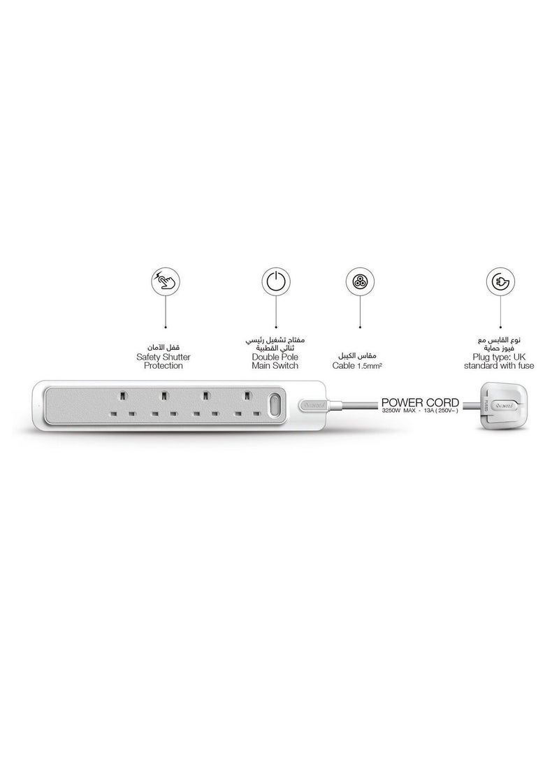 Rafeed 4-Gang UK Power Extension Socket 13A 230V with 2M Cable, On/Off Switch, Child Safety Shutters, Durable PC Body – Grey & White - Image 4