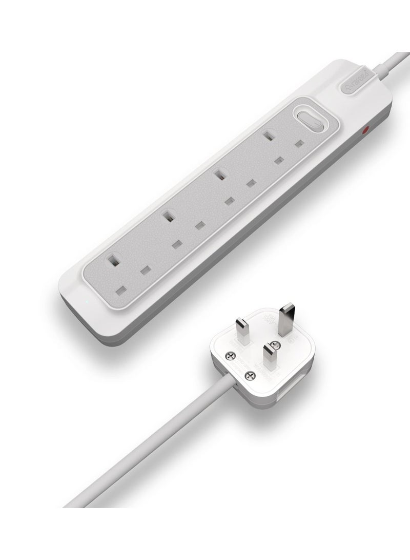 Rafeed 4-Gang UK Power Extension Socket 13A 230V with 2M Cable, On/Off Switch, Child Safety Shutters, Durable PC Body – Grey & White - Image 1
