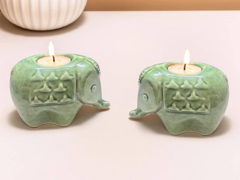 Bodhi House Handcrafted Ceramic Elephant Diya for Puja | Tealight Candle Holder for Dining Table, Home Decor & Gifting | Decorative Candle Holder Votive for Diwali Decor | Pack of 2, Green - Image 1
