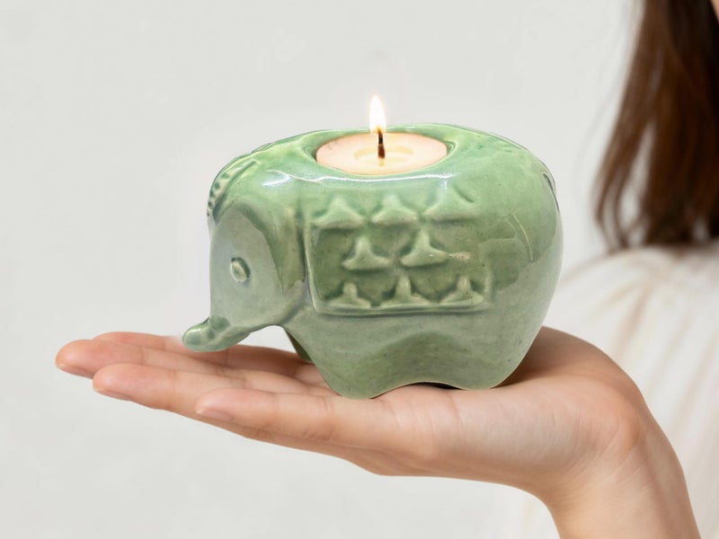 Bodhi House Handcrafted Ceramic Elephant Diya for Puja | Tealight Candle Holder for Dining Table, Home Decor & Gifting | Decorative Candle Holder Votive for Diwali Decor | Pack of 2, Green - Image 5