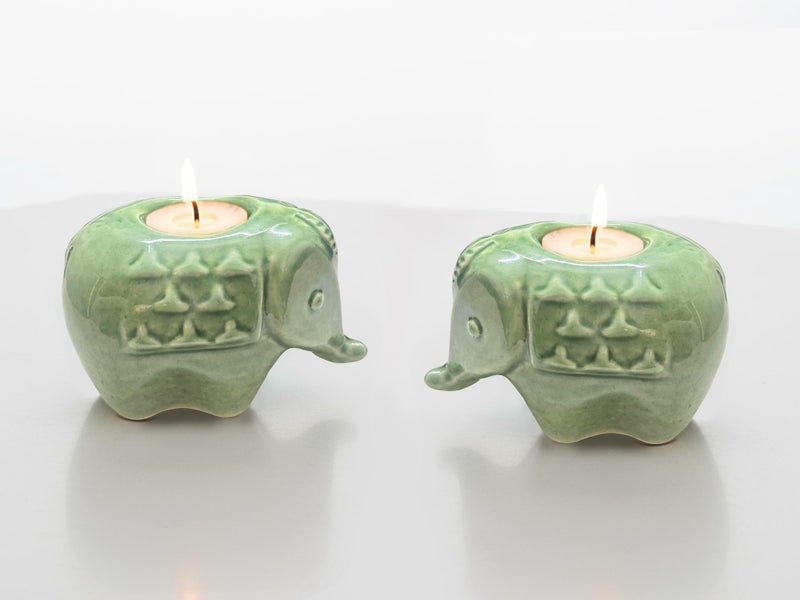 Bodhi House Handcrafted Ceramic Elephant Diya for Puja | Tealight Candle Holder for Dining Table, Home Decor & Gifting | Decorative Candle Holder Votive for Diwali Decor | Pack of 2, Green - Image 4
