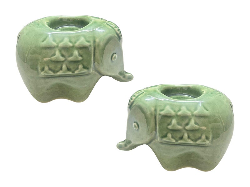 Bodhi House Handcrafted Ceramic Elephant Diya for Puja | Tealight Candle Holder for Dining Table, Home Decor & Gifting | Decorative Candle Holder Votive for Diwali Decor | Pack of 2, Green - Image 2