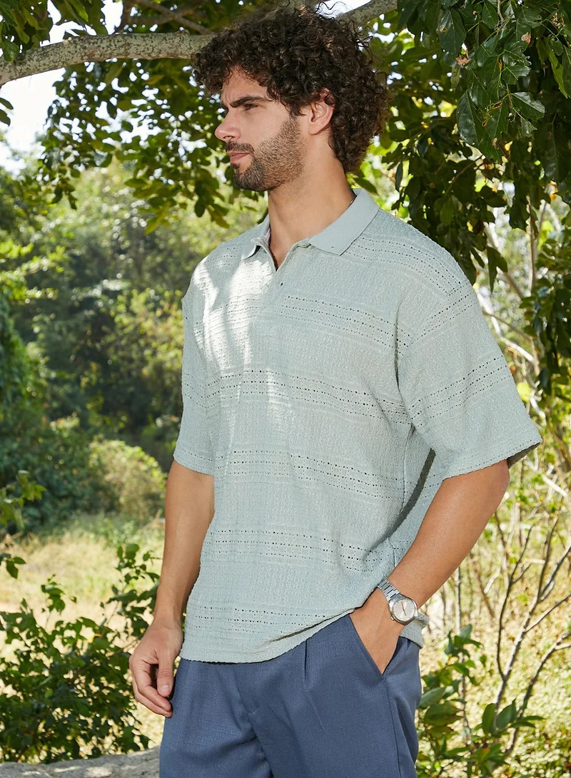 Campus Sutra  Men's Sage Green Bohomian Oversized Polo T-Shirt for Men | Best Price UAE