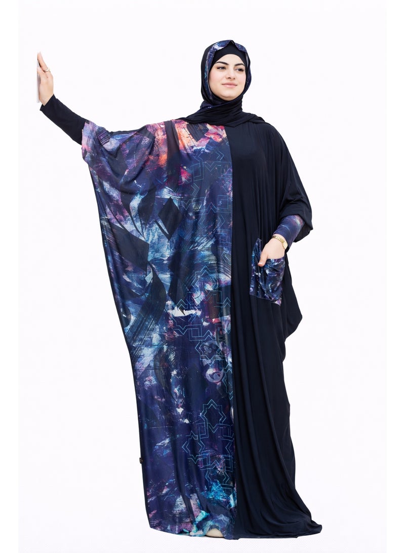 SATR HIJABI Women Printed Isdal Prayer Set – Full Coverage 2-Piece Prayer Outfit with Pocket, Soft Breathable Modest Islamic Wear Black Blue Multi Color - Image 1
