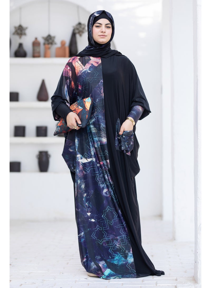 SATR HIJABI Women Printed Isdal Prayer Set – Full Coverage 2-Piece Prayer Outfit with Pocket, Soft Breathable Modest Islamic Wear Black Blue Multi Color - Image 3