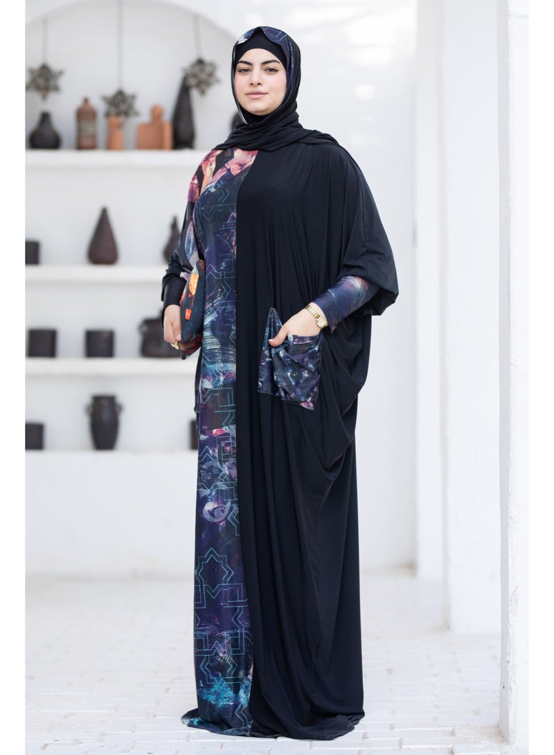 SATR HIJABI Women Printed Isdal Prayer Set – Full Coverage 2-Piece Prayer Outfit with Pocket, Soft Breathable Modest Islamic Wear Black Blue Multi Color - Image 4