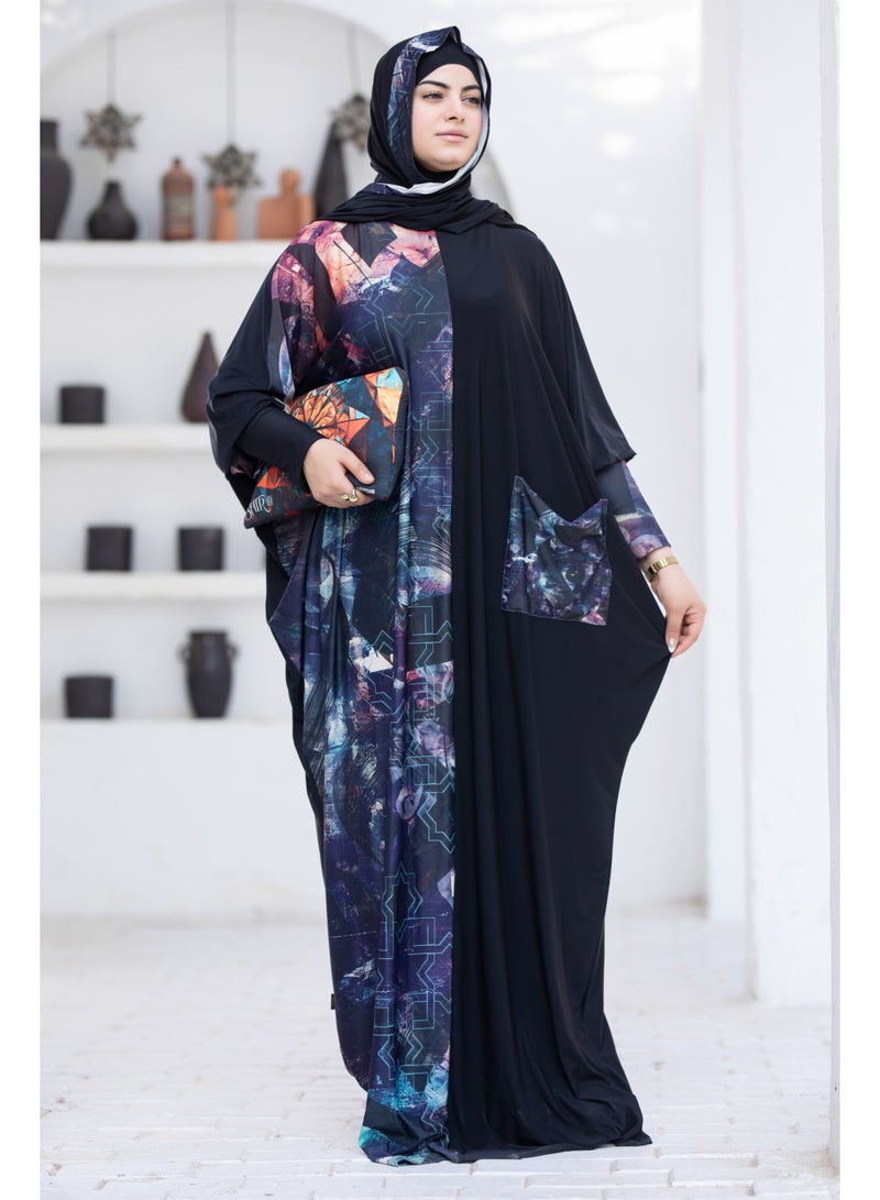 SATR HIJABI Women Printed Isdal Prayer Set – Full Coverage 2-Piece Prayer Outfit with Pocket, Soft Breathable Modest Islamic Wear Black Blue Multi Color - Image 2