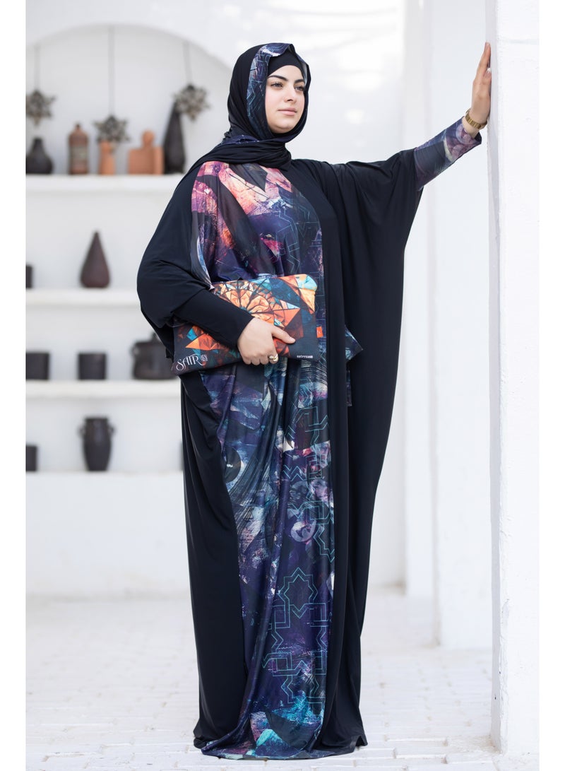 SATR HIJABI Women Printed Isdal Prayer Set – Full Coverage 2-Piece Prayer Outfit with Pocket, Soft Breathable Modest Islamic Wear Black Blue Multi Color - Image 5