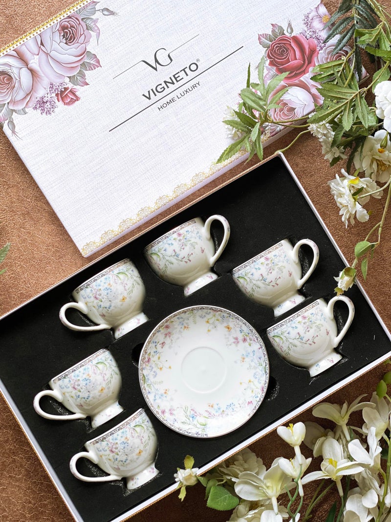 Vigneto Floral Flower Bed Cup and Saucer Set for Tea/Coffee/Hot Drinks | Set of 6 Cup and Saucers, 190 ML | Finest Premium Porcelain | Lead Free | Scratch Resistant | Chip Resistant - Image 3