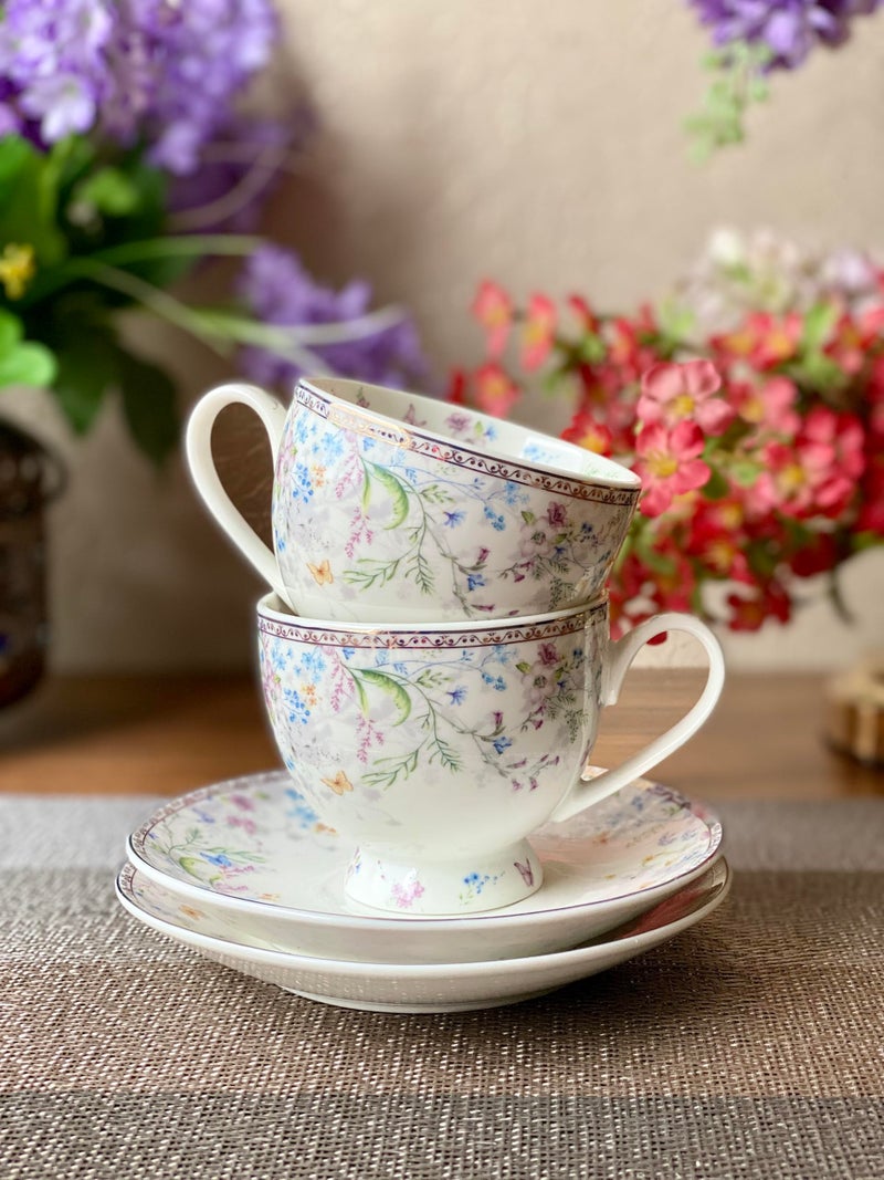 Vigneto Floral Flower Bed Cup and Saucer Set for Tea/Coffee/Hot Drinks | Set of 6 Cup and Saucers, 190 ML | Finest Premium Porcelain | Lead Free | Scratch Resistant | Chip Resistant - Image 4