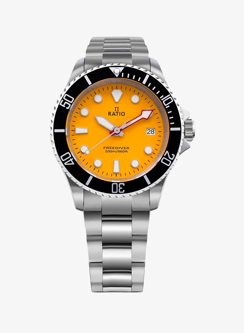 Ratio ساعة Ratio FreeDiver للرجال، حركة كوارتز، ميناء أصفر، مخصصة للغوص (مقاومة للماء حتى عمق 200 متر) - موديل RTF034