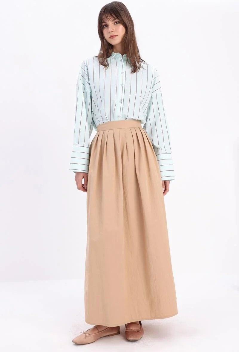 Allday Dark Beige-Waist Pleated Flared Skirt