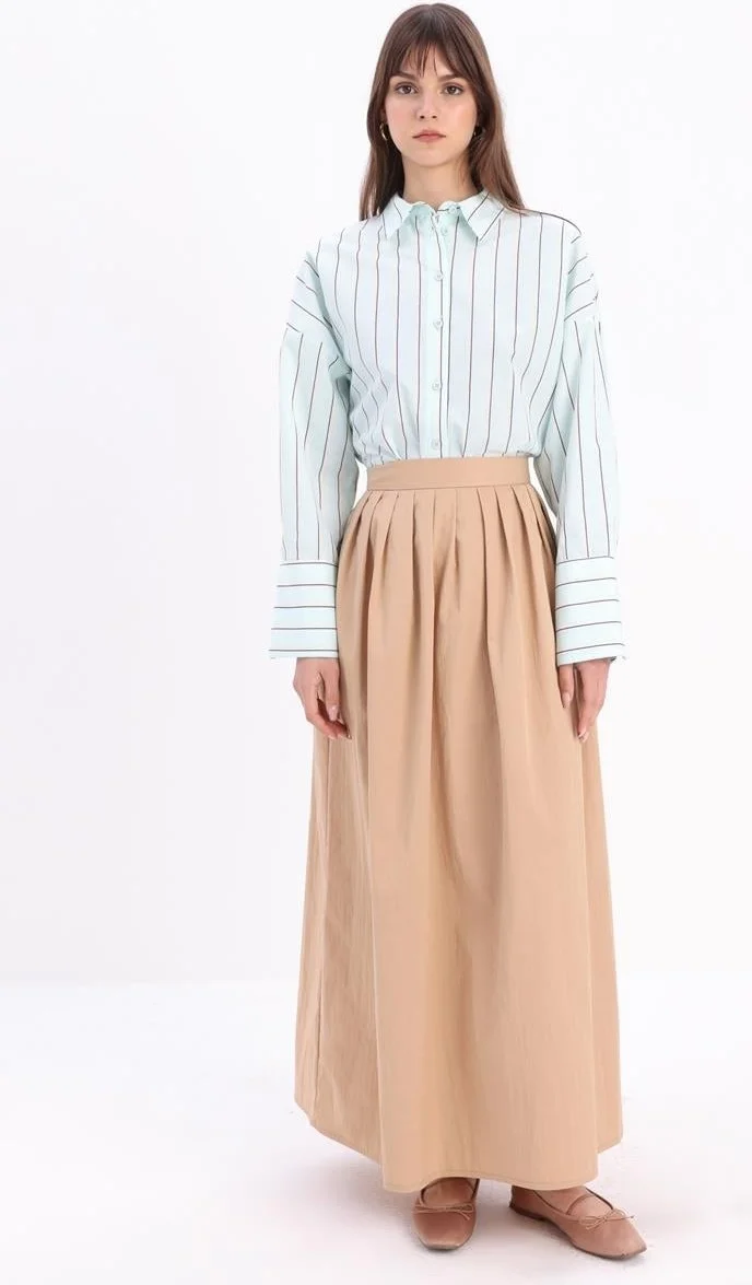 Allday Dark Beige-Waist Pleated Flared Skirt