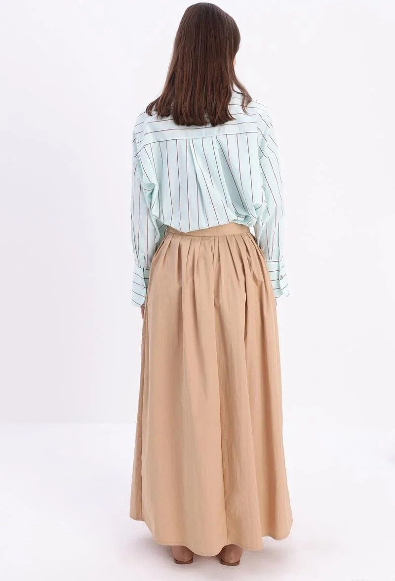Allday Dark Beige-Waist Pleated Flared Skirt
