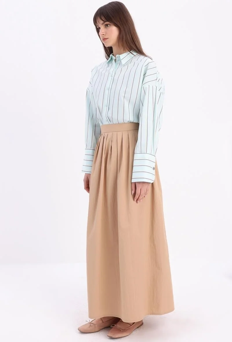 Allday Dark Beige-Waist Pleated Flared Skirt