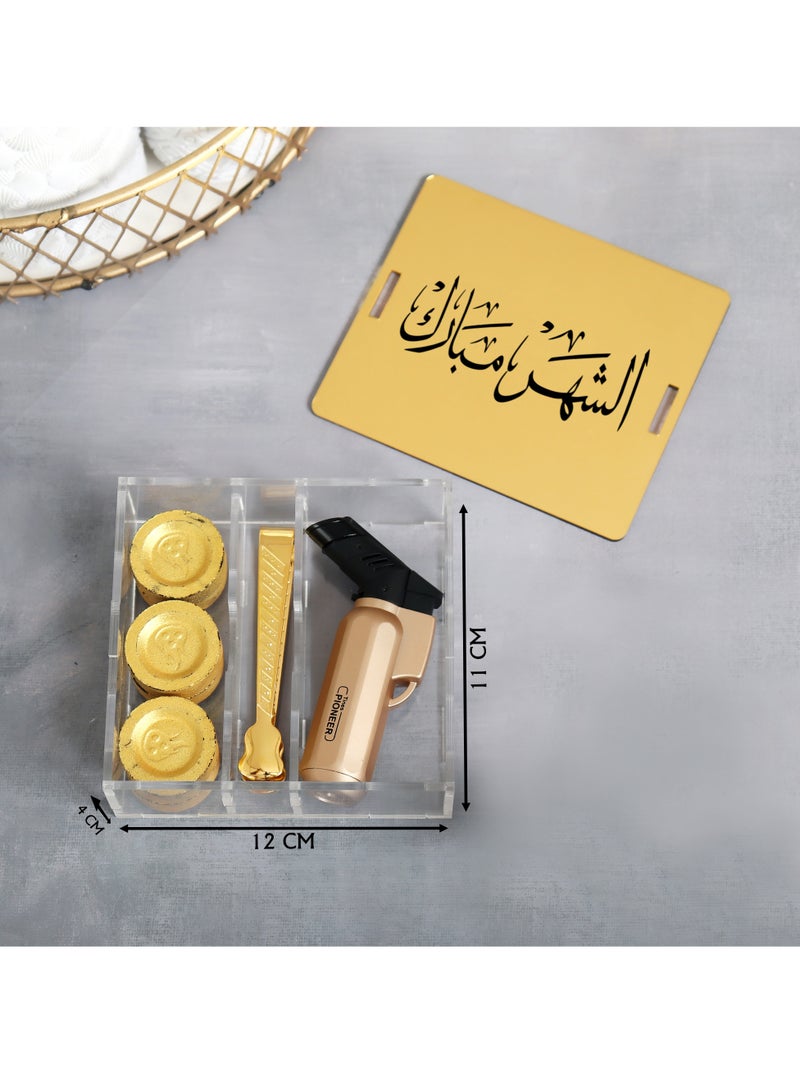 Vaporizer supplies in a luxury box with Arabic phrase, luxury lighter, tongs, and quick-lighting charcoal