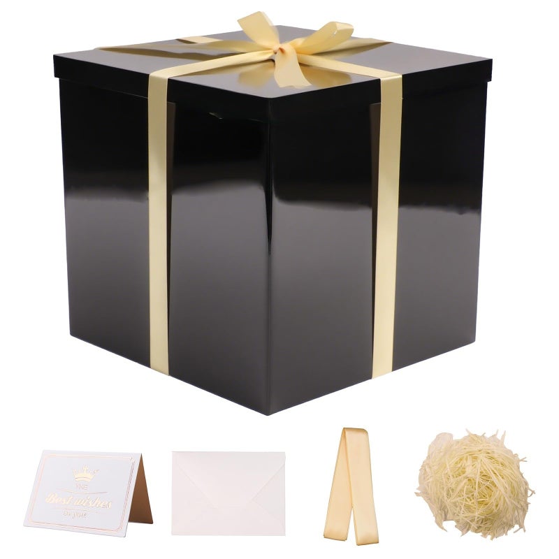 UoeRing Glossy Black Large Gift Box 1Pcs 12x12x11 InchGift Box with Lid for Presents BirthdaysChristmas Valentines DayMothers Day with Ribbon Card Envelope Shredded Paper Fill - Image 2