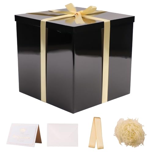 UoeRing Glossy Black Large Gift Box 1Pcs 12x12x11 InchGift Box with Lid for Presents BirthdaysChristmas Valentines DayMothers Day with Ribbon Card Envelope Shredded Paper Fill - Image 1