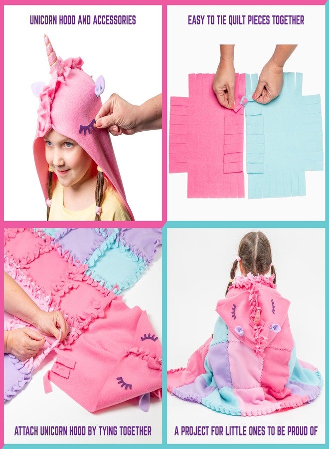 GirlZone Unicorn Snuggles No Sew Quilt Kit - DIY Tie Blanket Kit with 32 Colorful Quilt Pieces & Unicorn Hood Material to Create Your Blanket - Fleece Tie Knot Blanket Kit - No Sew Fleece Blanket Kit - Image 5