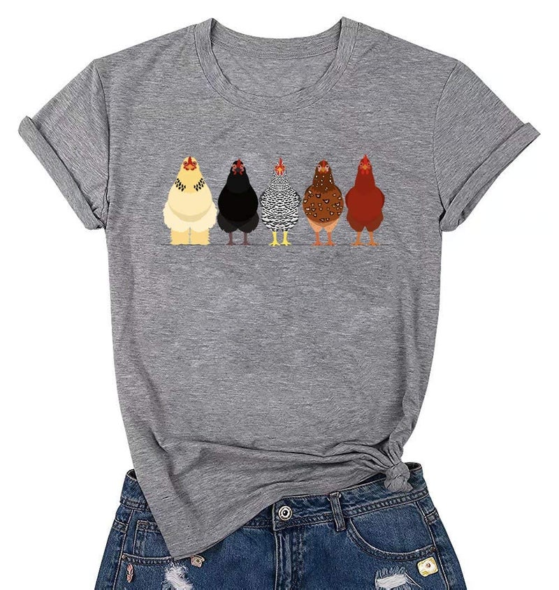 VILOVE Chicken Tshirt Mom Cute T Shirts Womens Short Sleeves Farm Country Casual Tee Tops Gray - Image 1