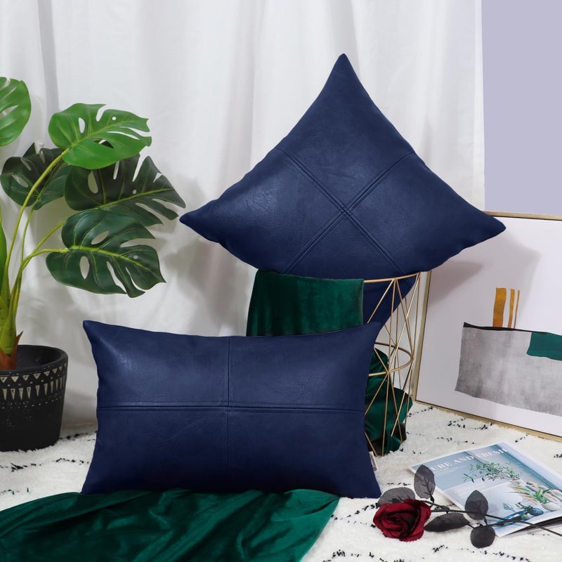 BRAWARM Navy Blue Faux Leather Pillow, Navy Blue Leather Pillow Covers 18 X 18 Inches, Leather Throw Pillow with Hand Stitched Faux Leather Decorative Pillow Covers for Living Room Garden - Image 3