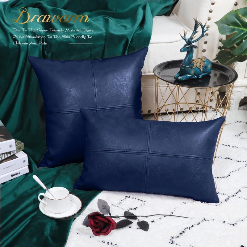 BRAWARM Navy Blue Faux Leather Pillow, Navy Blue Leather Pillow Covers 18 X 18 Inches, Leather Throw Pillow with Hand Stitched Faux Leather Decorative Pillow Covers for Living Room Garden - Image 4