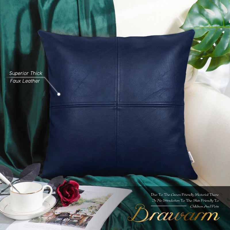 BRAWARM Navy Blue Faux Leather Pillow, Navy Blue Leather Pillow Covers 18 X 18 Inches, Leather Throw Pillow with Hand Stitched Faux Leather Decorative Pillow Covers for Living Room Garden - Image 2