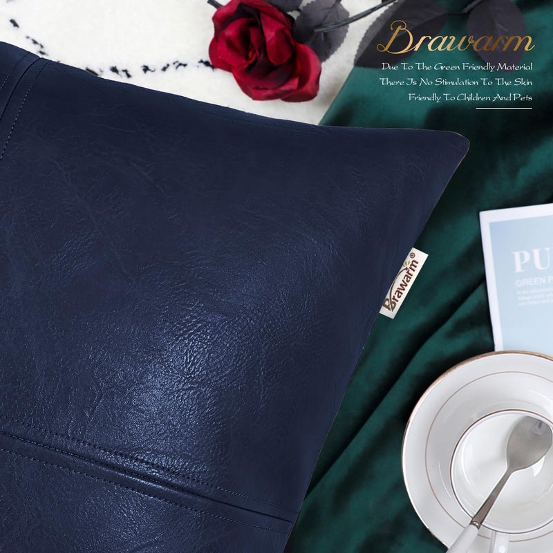 BRAWARM Navy Blue Faux Leather Pillow, Navy Blue Leather Pillow Covers 18 X 18 Inches, Leather Throw Pillow with Hand Stitched Faux Leather Decorative Pillow Covers for Living Room Garden - Image 5