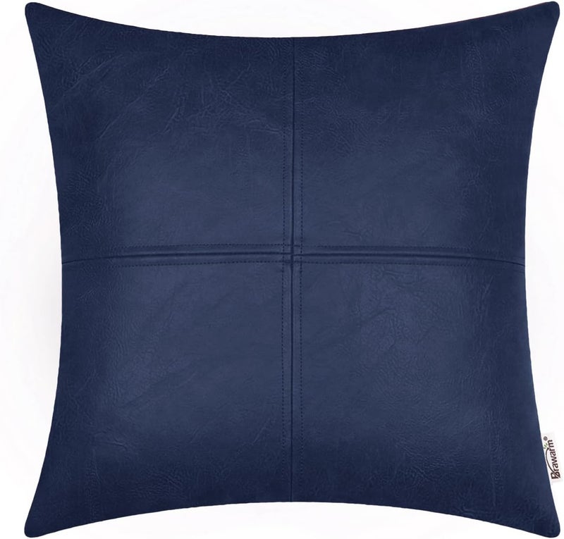 BRAWARM Navy Blue Faux Leather Pillow, Navy Blue Leather Pillow Covers 18 X 18 Inches, Leather Throw Pillow with Hand Stitched Faux Leather Decorative Pillow Covers for Living Room Garden - Image 1