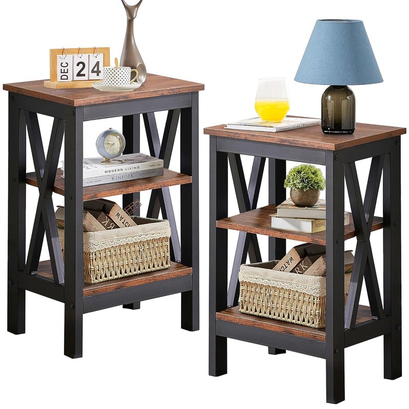 Priti Modern End Side Tables Nightstand with 3Layer Storage Shelf for Small Spaces Living Room Bedroom Farmhouse Easy Assembly Brown Pack of 2 - Image 1