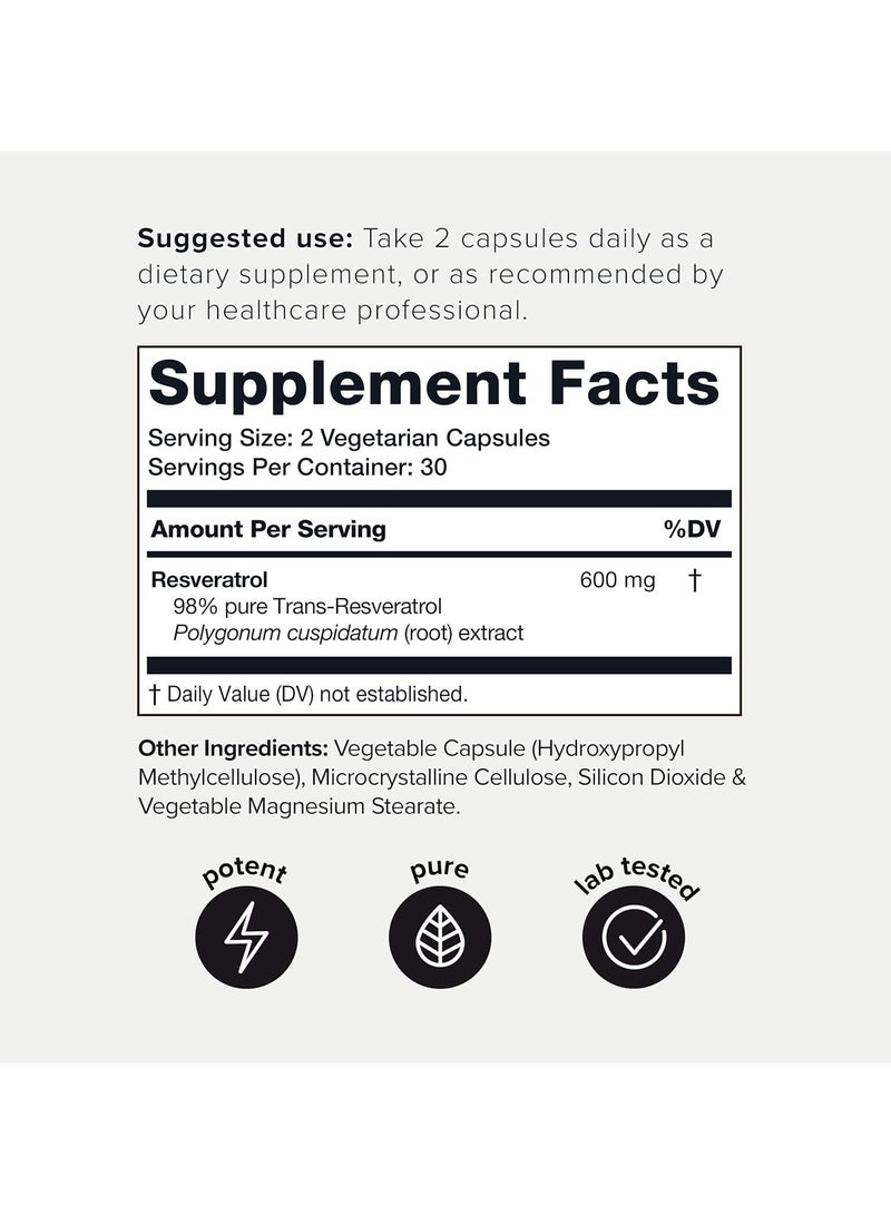 تونيق كبسولات ريسفيراترول فائقة النقاء - 98% ريسفيراترول ترانس - نقية للغاية ومتوفرة بيولوجيًا - 60 كبسولة من مكمل ريزيرفاترول - Image 2