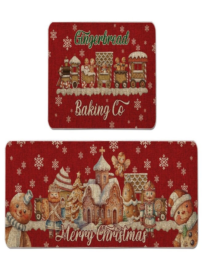 GAGEC Christmas Kitchen Rug Gingerbread Family Red Kitchen Mat Set of 2 Merry Christmas Winter Farmhouse Party Floor Mat for Home Kitchen Bathroom Decorations - 17x27 and 17x47 Inch - Image 1