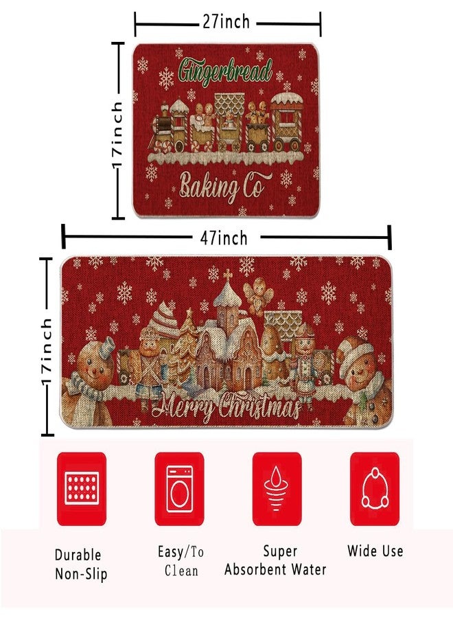 GAGEC Christmas Kitchen Rug Gingerbread Family Red Kitchen Mat Set of 2 Merry Christmas Winter Farmhouse Party Floor Mat for Home Kitchen Bathroom Decorations - 17x27 and 17x47 Inch - Image 3