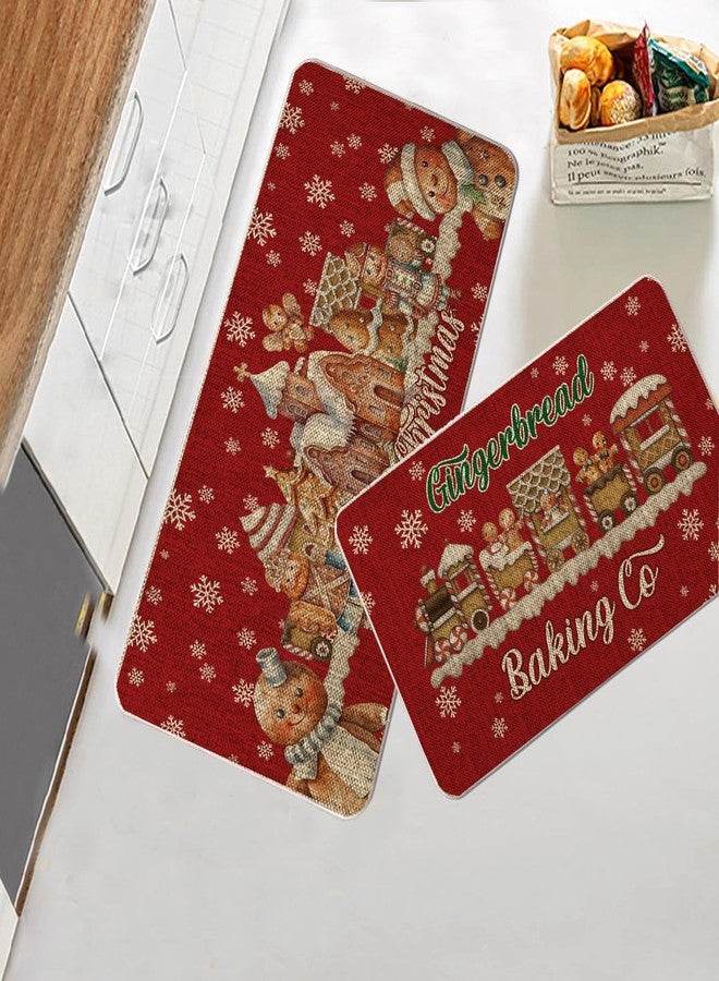 GAGEC Christmas Kitchen Rug Gingerbread Family Red Kitchen Mat Set of 2 Merry Christmas Winter Farmhouse Party Floor Mat for Home Kitchen Bathroom Decorations - 17x27 and 17x47 Inch - Image 2