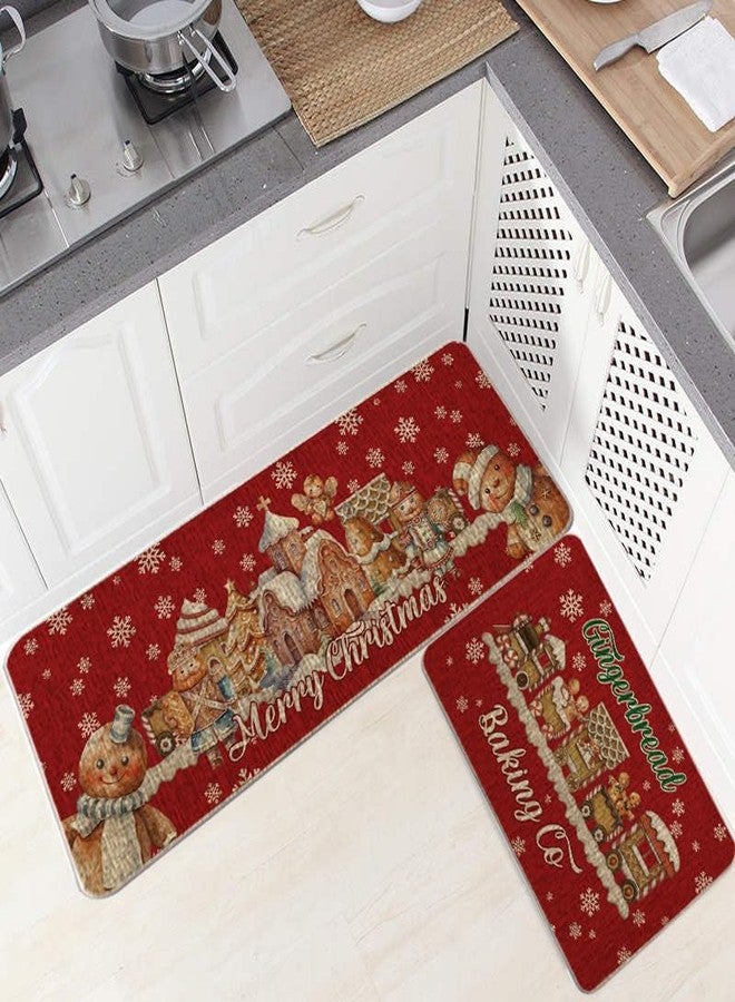 GAGEC Christmas Kitchen Rug Gingerbread Family Red Kitchen Mat Set of 2 Merry Christmas Winter Farmhouse Party Floor Mat for Home Kitchen Bathroom Decorations - 17x27 and 17x47 Inch - Image 4