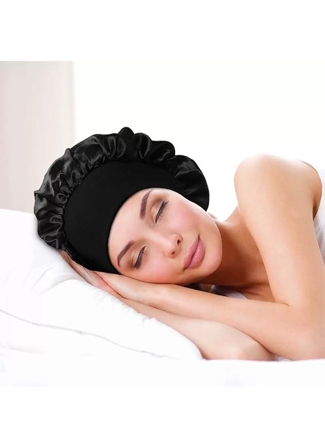 4 Piece Satin Sleep Cap Set - Hair-Caring Bonnet with Matching Eye Mask & Scrunchie, Elastic Black Night Cap for Comfortable Sleep