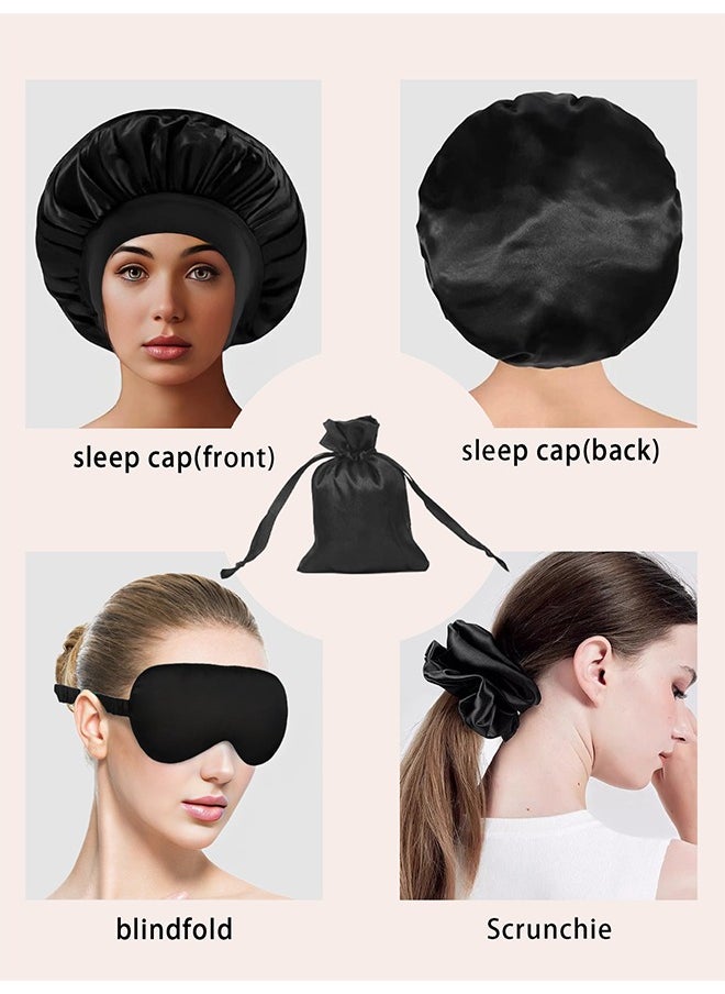 BOFAN Women's Silk Satin Sleeping Set - Hair-Caring Bonnet with Matching Eye Mask & Scrunchie, Elastic Black Night Cap for Comfortable Sleep  - Image 2