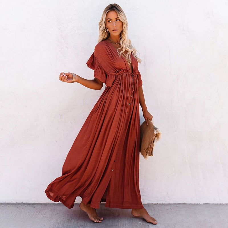 European and American Explosions Cotton Slub Fabric Beach Blouse Sexy Loose plus size Sunscreen Bikini Blouse 10 Color in stock(DN0321 rust red, All yards) - Image 1