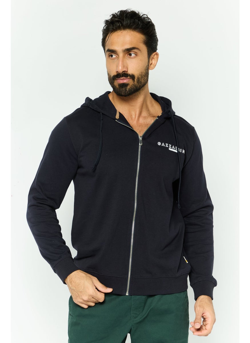 Gazzarrini - Men Hooded Long Sleeve Brand Logo Sweatshirt, Navy - Image 1