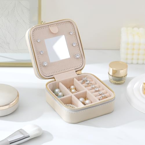 NGVRC Genuine Leather Travel Jewelry Case Organizer with Mirror for Women Small Jewelry Box Portable Mini Jewelry Case for Earring Ring Necklace BraceletBeige - Image 3