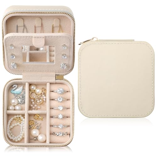 NGVRC Genuine Leather Travel Jewelry Case Organizer with Mirror for Women Small Jewelry Box Portable Mini Jewelry Case for Earring Ring Necklace BraceletBeige - Image 1